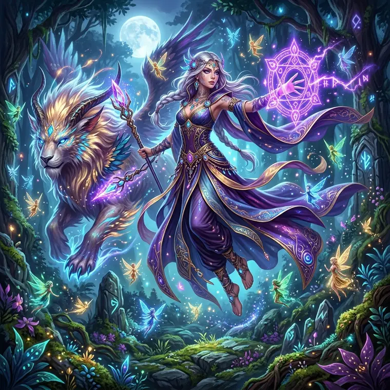 An enchantress weaving a shimmering charm.
