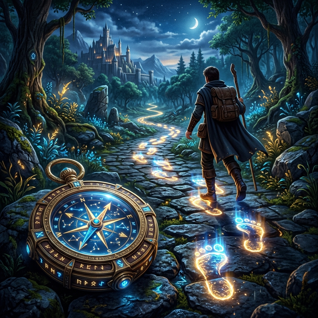 Magical glowing compass and footprints