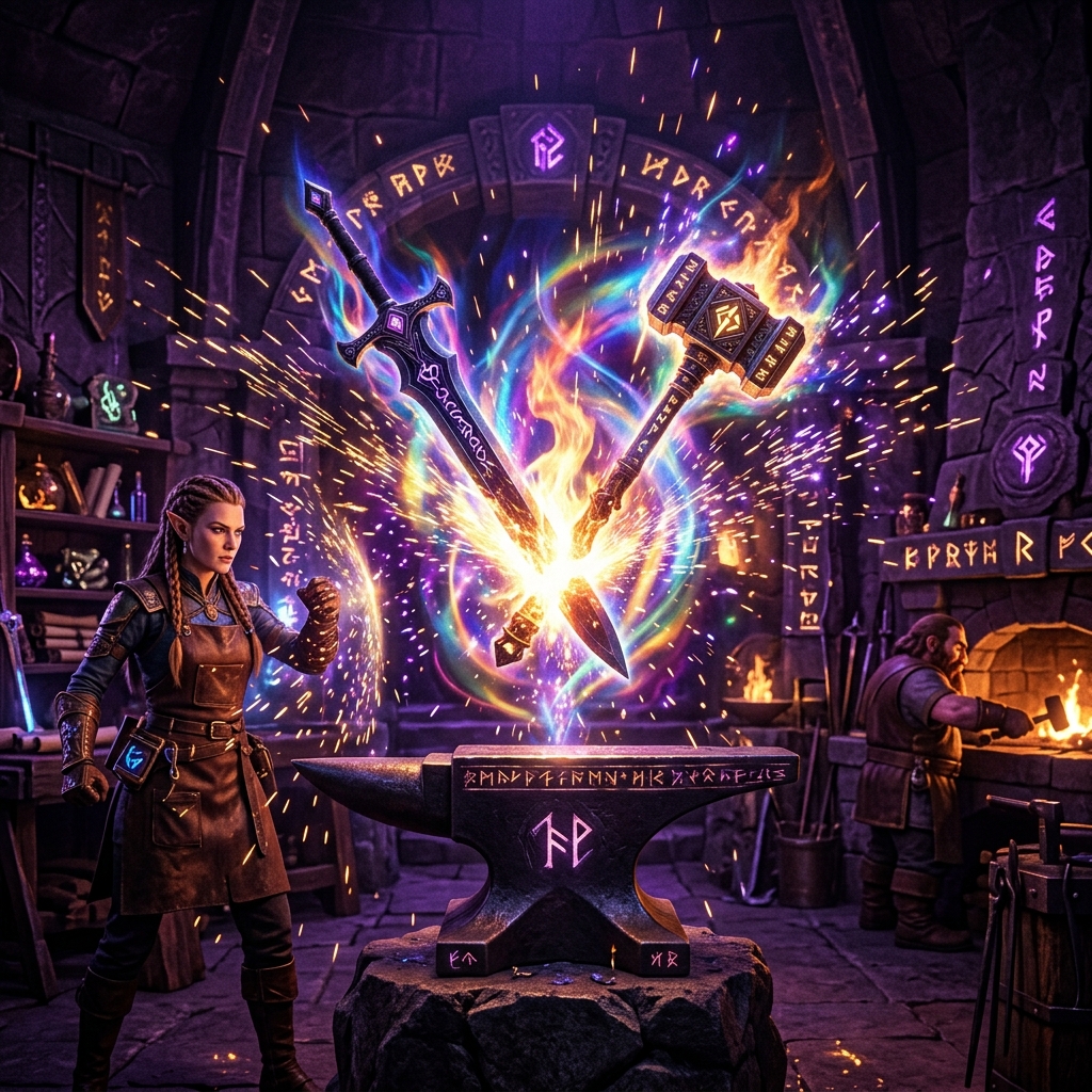Magical arcane forge melting weapons together